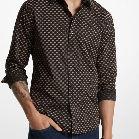 Michael Kors Slim Fit Logo Print Blue Dress Shirt Button Down - Picture 14 of 14